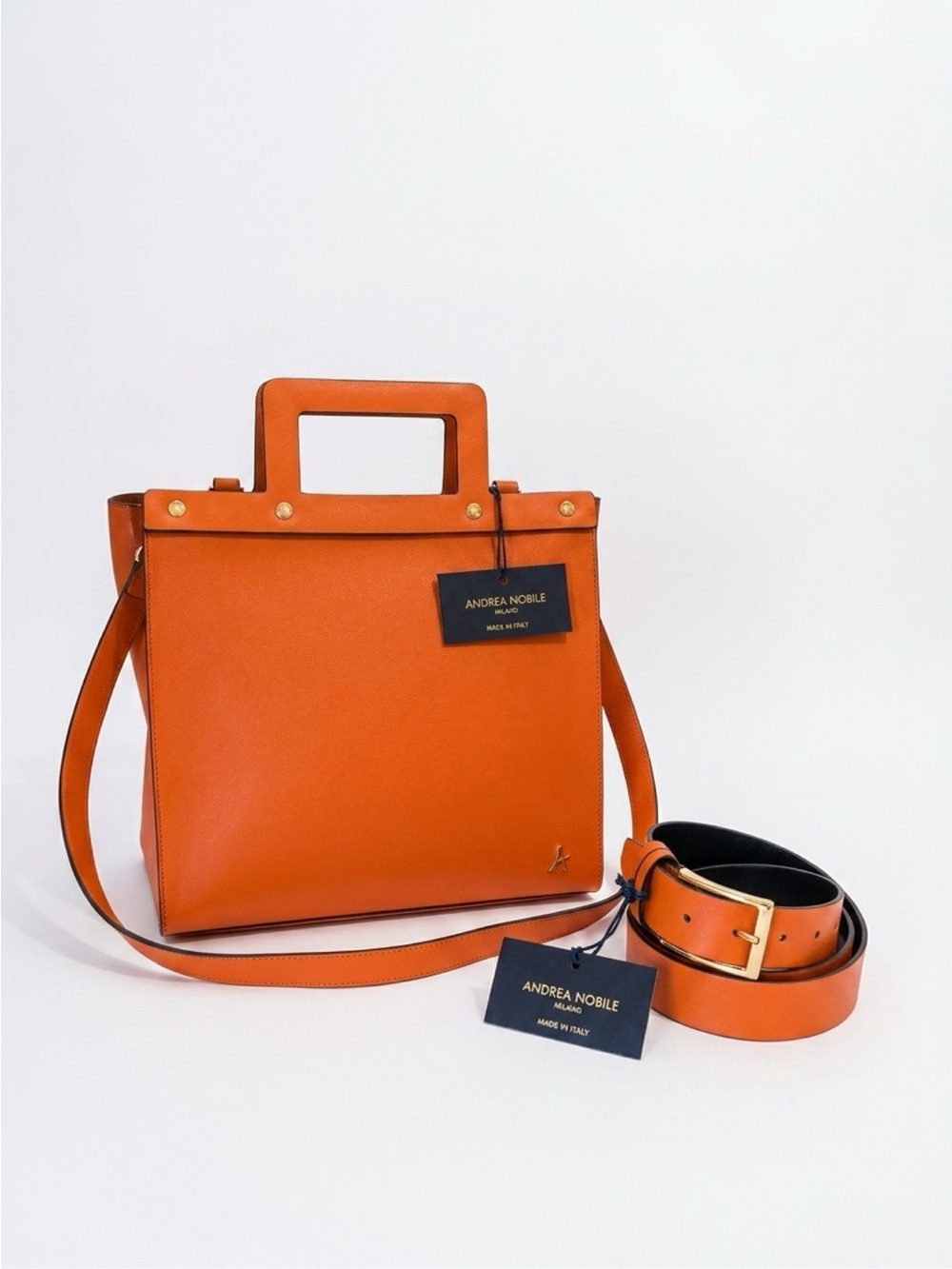 Orange Leather Top-Handle briefcase with matching belt